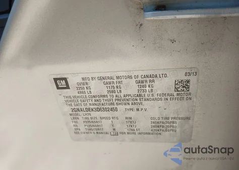 2013 Chevrolet Equinox 1Lt из США, поврежденный, VIN 2GNALDEK3D6302450